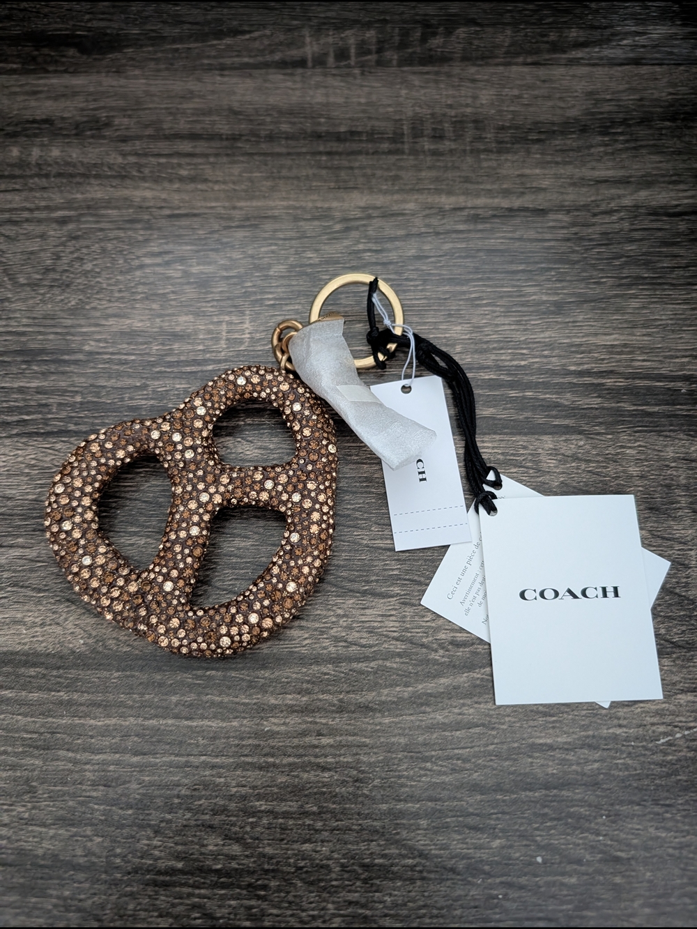 COACH Gold Crystal Pretzel Keychain Charm - Picture 2 of 6